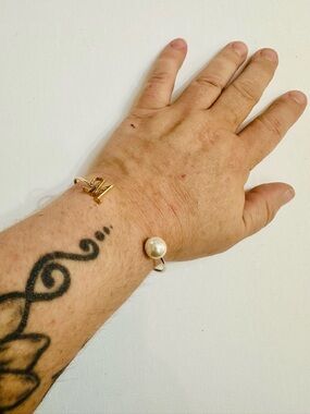 Gold Tone Initial M Pearl Open Cuff